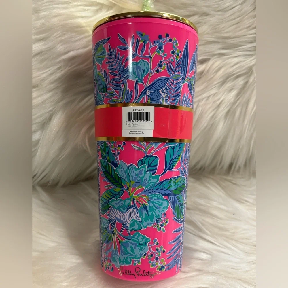 Lily Pulitzer Pink Floral Tumbler with Straw 24 Oz NWT